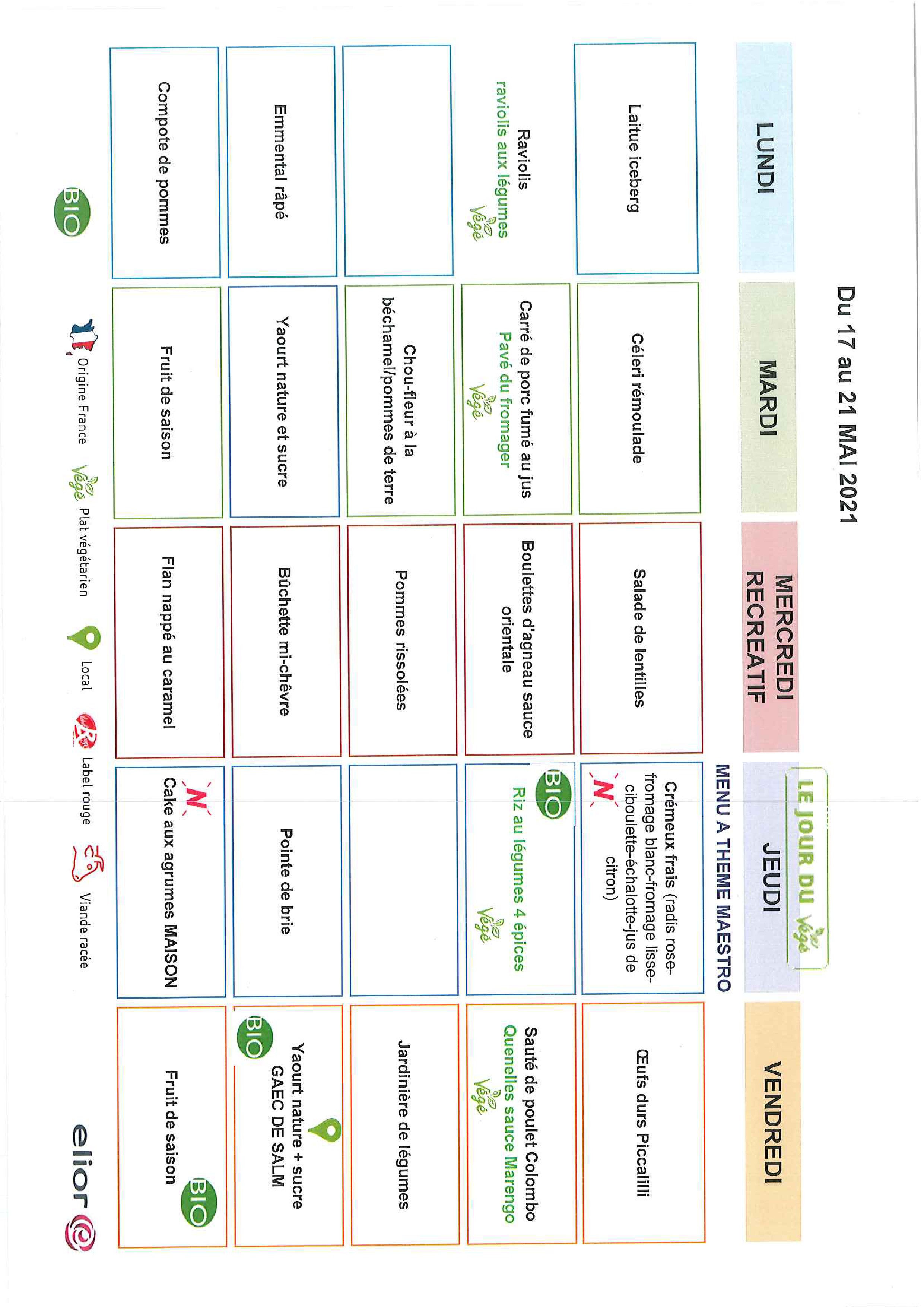 Les menus de la cantine
